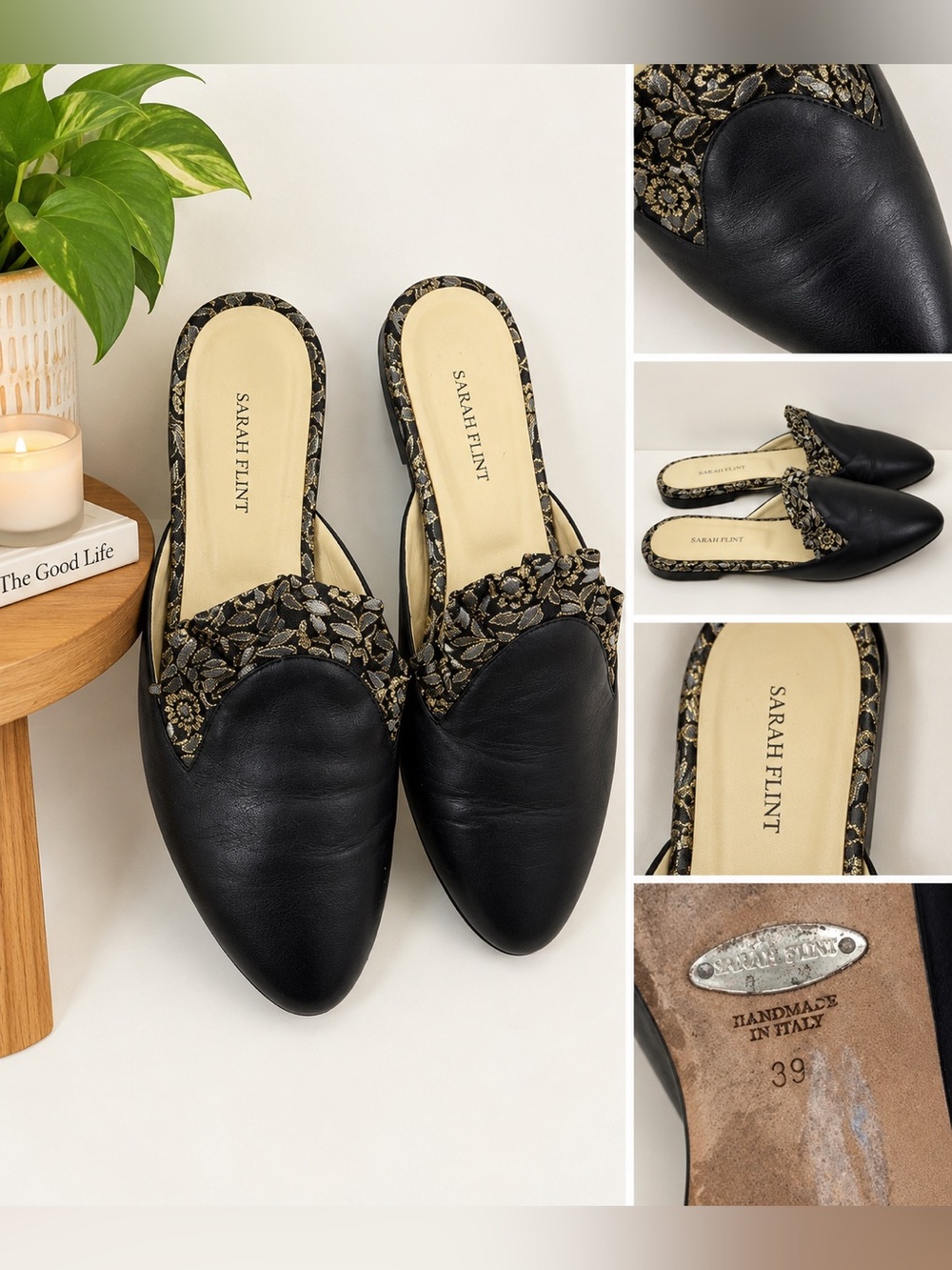 Sarah Flint Size 39 US 8.5 Still Life Slides Flats Black Brocade Leather Mules